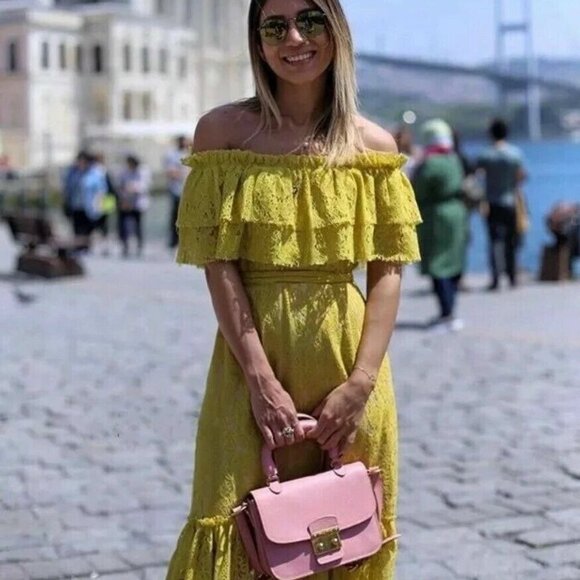Zara Yellow Off The Shoulders Lace Dress- Size Small - Picture 3 of 16
